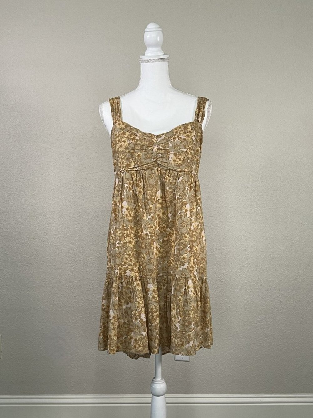 Free People Floral Tiered Mini Dress in Mustard Brown